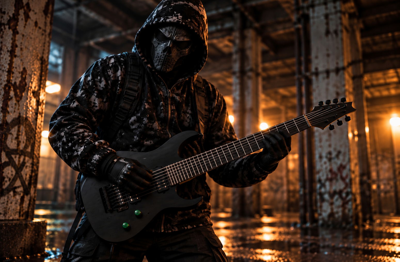 Masked Fractal Hymn guitarist in an industrial setting with a seven-string unbranded black guitar